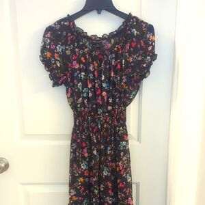 Kate And Lily Floral Colorful Black Sheer Dress With Puff Sleeve